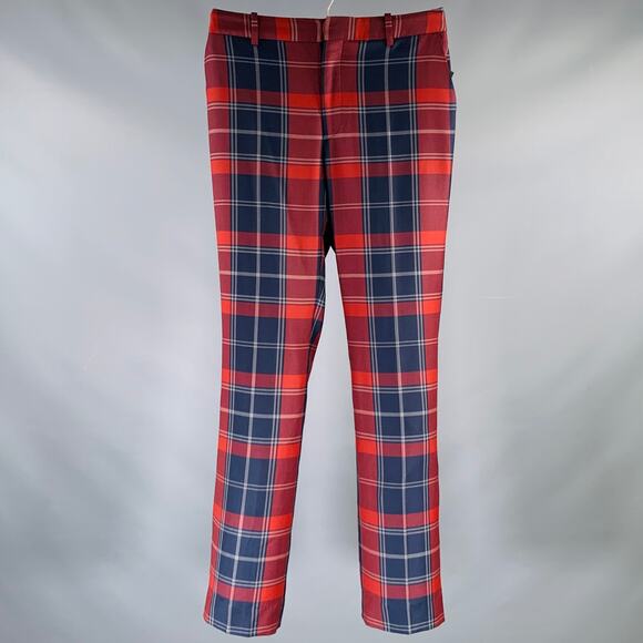 BLACK FLEECE Size 28 Burgundy Navy Plaid Wool Zip Fly Dress Pants - Picture 1 of 4